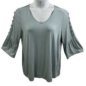 J Jill Womens L Sage Boho Tunic Top Button Detail Sleeves Pom Pom Trim Stretchy